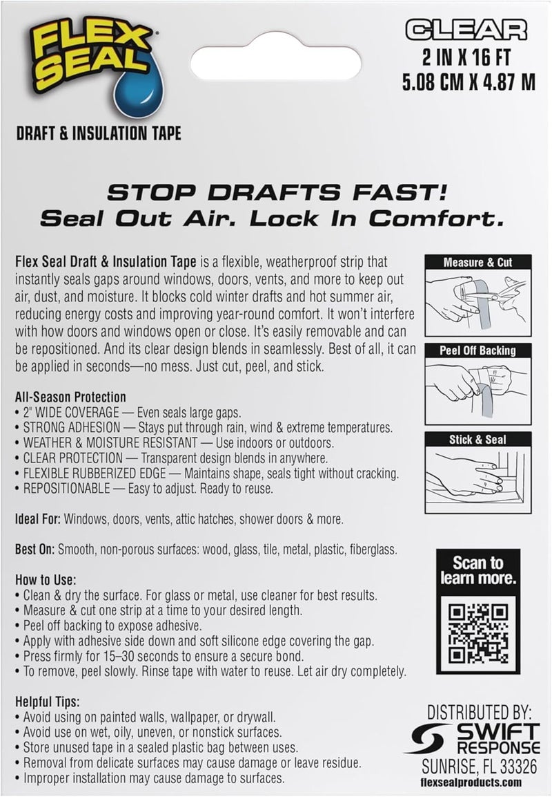 Flex Seal Draft and Insulation Sealing Tape, Flexible, Rubberized, Weatherproof Strip for Windows, Doors, Vents, Works on Wood, Glass, Tile, Metal, Plastic, Fiberglass, Clear, 2 in x 16 ft, Pack of 1 - Image 2